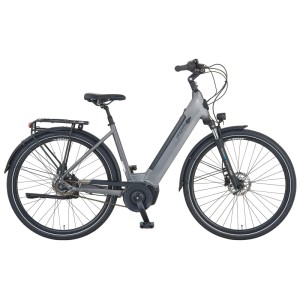 Vélo électrique de ville pour femme Prophete E-City-Bike Geniesser 3.0 gris avec porte-bagages et cadre bas.
