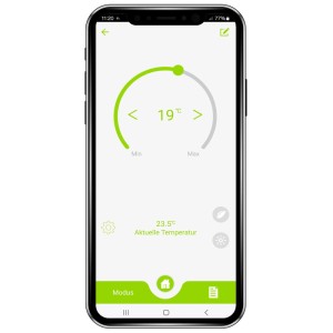 Smartphone avec app TUYA pour thermostat de radiateur intelligent Olympia HT-02Y. Affiche 19°C cible, 23.5°C actuelle, mode.