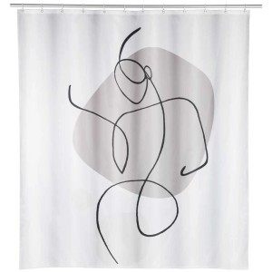 Wenko Duschvorhang Ladyline, 180x200 cm, mit One-Line-Silhouette auf grauem Grund.