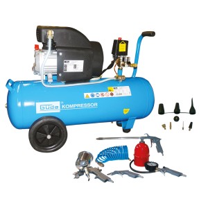 Kit compresseur Güde 300/10/50 CH, 14 pièces, avec accessoires. Compresseur d'air mobile bleu avec manomètre.