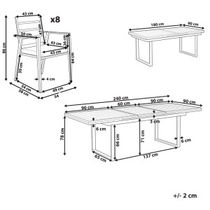 Dimensioni del set mobili da giardino Beliani Valcanetto/Taviano: tavolo allungabile (180/240 cm) e 8 sedie.