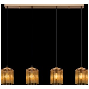 Lampada a sospensione dorata Globo Leeds con 4 paralumi in acrilico ambrato per lampadine E14.