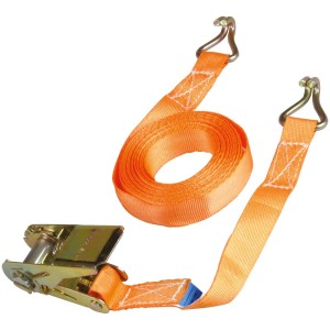 Sangle d'arrimage orange à cliquet et crochets, longueur 5 m pour une fixation sécurisée.