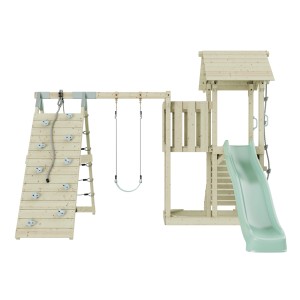 Altalena per bambini PolarPlay Farö verde menta con parete da arrampicata, scivolo e torre giochi in legno.