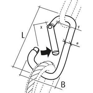 Technische Zeichnung Conacord Karabinerhaken Aluminium, 6x60mm, mit Maßen L, B, Ø und Seil. Zeigt Öffnungsmechanismus.