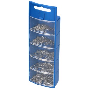 Boîte de cosses avec des cosses non isolées de couleur argent en différentes tailles.