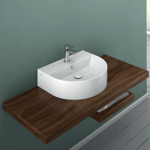 Vasque Domberg DB2002, 50 cm, blanc, design slim avec robinet sur panneau en bois.