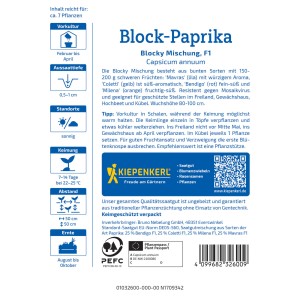 Sachet de graines de poivron Kiepenkerl Blocky Mix avec des informations sur la culture et la récolte.