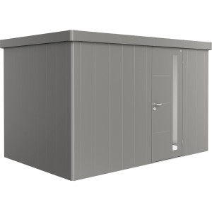 Moderna casetta da giardino Biohort Neo 2D grigia con porta standard. Ideale per riporre gli oggetti in giardino.