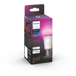 Philips Hue A60 E27 LED-Lampe, dimmbar, mit Farbwechsel und Verpackung.