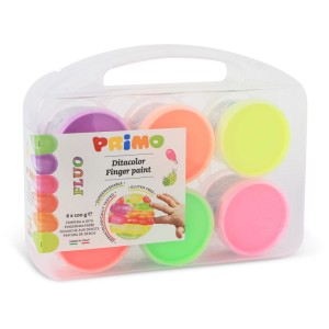 Primo Fingermalfarbe Fluo, 6 Farben im Set, gebrauchsfertig für kreativen Malspaß.