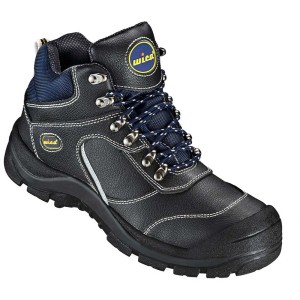 Chaussure de sécurité montante Zittau S3 noire, taille 41, avec embout en acier et détails bleu foncé.