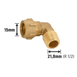 Raccordo a gomito a compressione in ottone, 15 mm x 21 mm (R 1/2), per impianti idraulici e di riscaldamento.