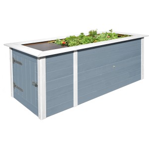 Letto rialzato da giardino Weka grigio con armadio e piante. Letto rialzato in legno con spazio per attrezzi da giardinaggio.