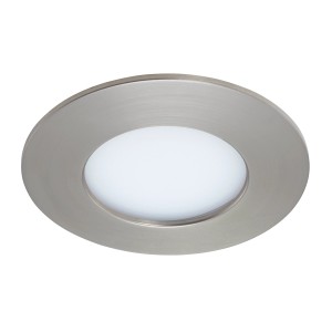 Spot LED encastrable nickel mat, 6W, lumière blanc chaud pour montage au plafond et au mur.