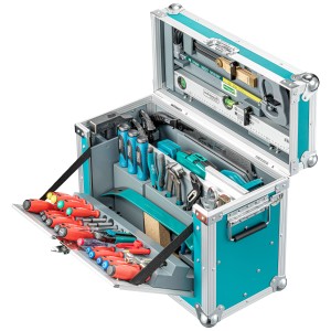 Geöffnete Technocraft Werkzeugkiste Compact Max, 104-teilig, mit Werkzeugen in Fächern.