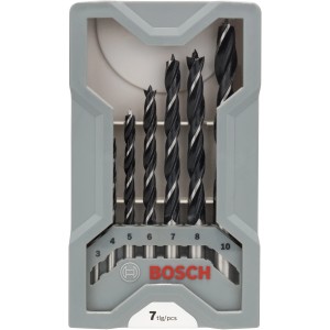 Set de forets à bois Bosch Pro, 7 pièces dans un boîtier gris. Jeu de forets à bois de différentes tailles.