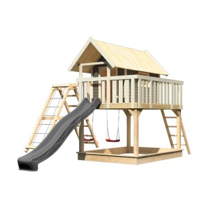 Karibu Maison sur pilotis Fidel avec toboggan, balançoire, rampe en filet gris. Cabane de jeu en bois pour enfants.