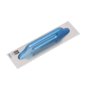 Spatola svizzera LUX, dentellata 6x6mm, acciaio inox con manico blu.