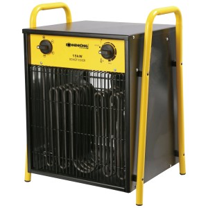 Termoventilatore Sonnenkönig Ventus 1500: Stufa nera con telaio e comandi gialli.