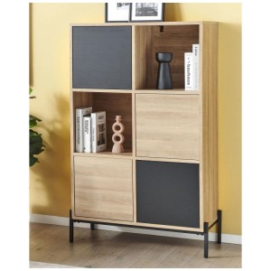 Étagère moderne Beliani Moines marron/noir. 6 compartiments, 4 avec portes, 2 ouverts. Cadre métallique noir.