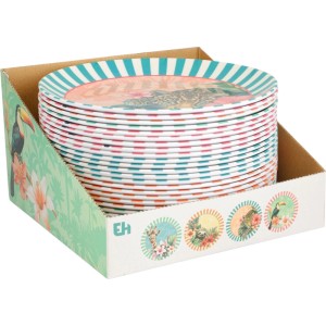 Assiettes à gâteau en mélamine, Ø 25cm, avec divers motifs d'animaux (léopard, toucan, paresseux, girafe) en présentoir.