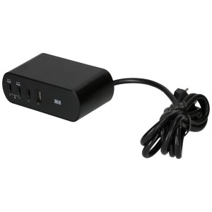 Chargeur de bureau noir avec 3 ports USB-C et 1 USB-A, puissance 65W pour accessoires ordinateur et multimédia.