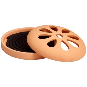 Porta spirali di incenso in terracotta marrone con coperchio floreale per spirali profumate.