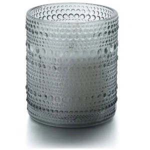 Graue LED-Kerze Perla, Ø 9 cm, Höhe 10 cm, mit Punktmuster im Glas.