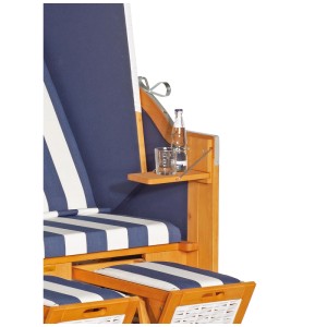 Détail du fauteuil de plage Nouvel Husum avec revêtement rayé bleu et blanc et porte-boissons.