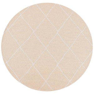 Runder Outdoor-Teppich Gwalior aus Polypropylen, beige mit weissem geometrischem Jacquard-Muster. Robust & UV-beständig.