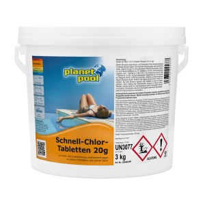 Seau de comprimés de chlore à dissolution rapide 20g pour la désinfection de piscine.