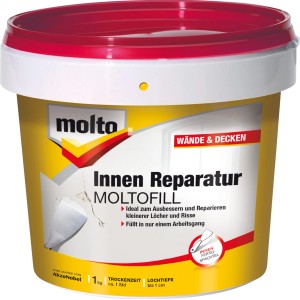 Molto Fertigspachtel Innen-Reparatur Moltofill, 1 kg, gelber Eimer mit rotem Deckel.