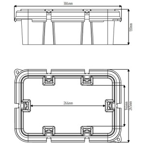 Schéma technique de la boîte de câble verte IP55, taille L (130x265x386 cm), pour usage extérieur.