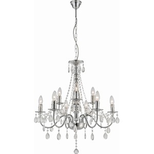 Lampadario WILLIAM cromato con cristalli acrilici trasparenti per 9 lampadine. Elegante lampada a sospensione.