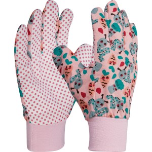 Guanti da giardinaggio rosa per bambini taglia 5 con motivo a verme e pois per piccoli giardinieri.
