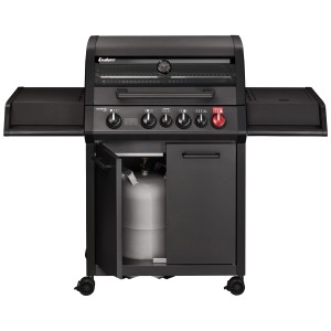 Barbecue a gas Enders Monroe Pro 4 SIK Turbo Shadow, nero opaco con bruciatore laterale e bombola nel mobile.