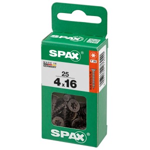 Viti universali Spax 4x16 mm, zincate nere, 25 pezzi in scatola verde.