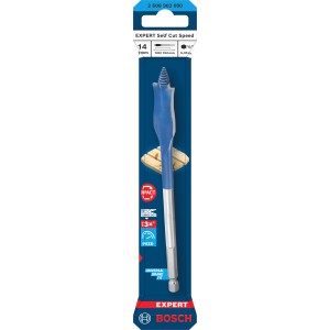 Bosch Flachfräsbohrer Expert Self Cut Speed, Ø 14 mm, blau-silber, in Verpackung.