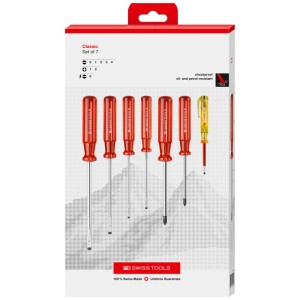 Set cacciaviti PB Swiss Tools, 7 pezzi, con manici rossi e tester di tensione nella scatola.