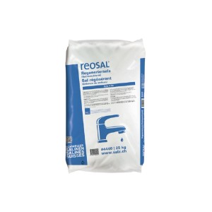 Reosal sale rigenerante 25 kg per addolcitori d'acqua, sacco con stampa blu.