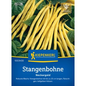 Haricot à rame Neckargold Kiepenkerl : Longs haricots jaunes sur le sachet de graines.