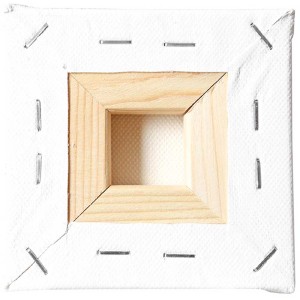 Rückseite Keilrahmen Classic 10x10 cm mit Leinwand, Holzrahmen und Klammern.