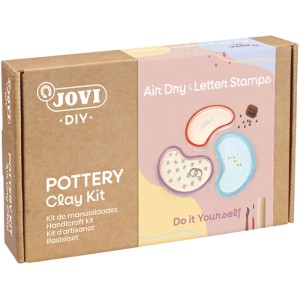 Jovi DIY-Töpfer-Set: lufttrocknende Modelliermasse, Stempel, Farben. Bastel-Kit in Kartonverpackung mit Beispielen.