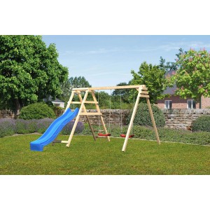 Balancelle double Karibu Felix avec structure d'escalade bleue et toboggan dans le jardin.