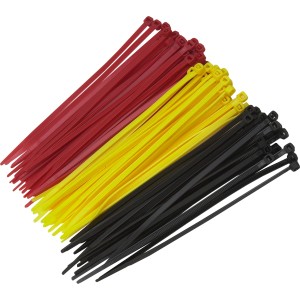 Lot de colliers de serrage, 75 pièces, 150 mm, en rouge, jaune et noir pour l'organisation des câbles.