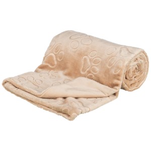 Coperta per cani beige Trixie Barry (150x100 cm) in poliestere con impronte di zampe, arrotolata e piegata.