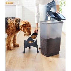 Rotho Tierfutterbehälter Cody 50 l transparent/grau mit Hund und Futterstation.