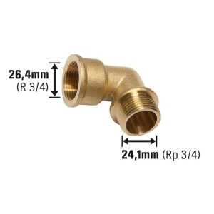 Coude fileté LUX en laiton, 24,1 mm (Rp 3/4) x 26,4 mm (R 3/4) pour chauffage et eau potable.