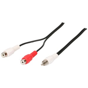 Cavo adattatore audio a Y Cinch Schwaiger, nero, 20 cm, con una spina e due prese.